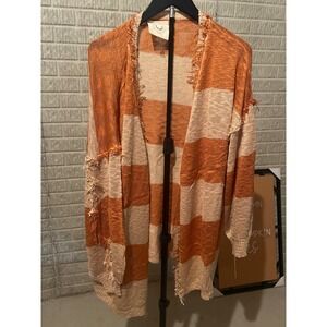 Fantastic‎ Fawn Orange Striped Open Knit Fringe Cardigan Sweater small